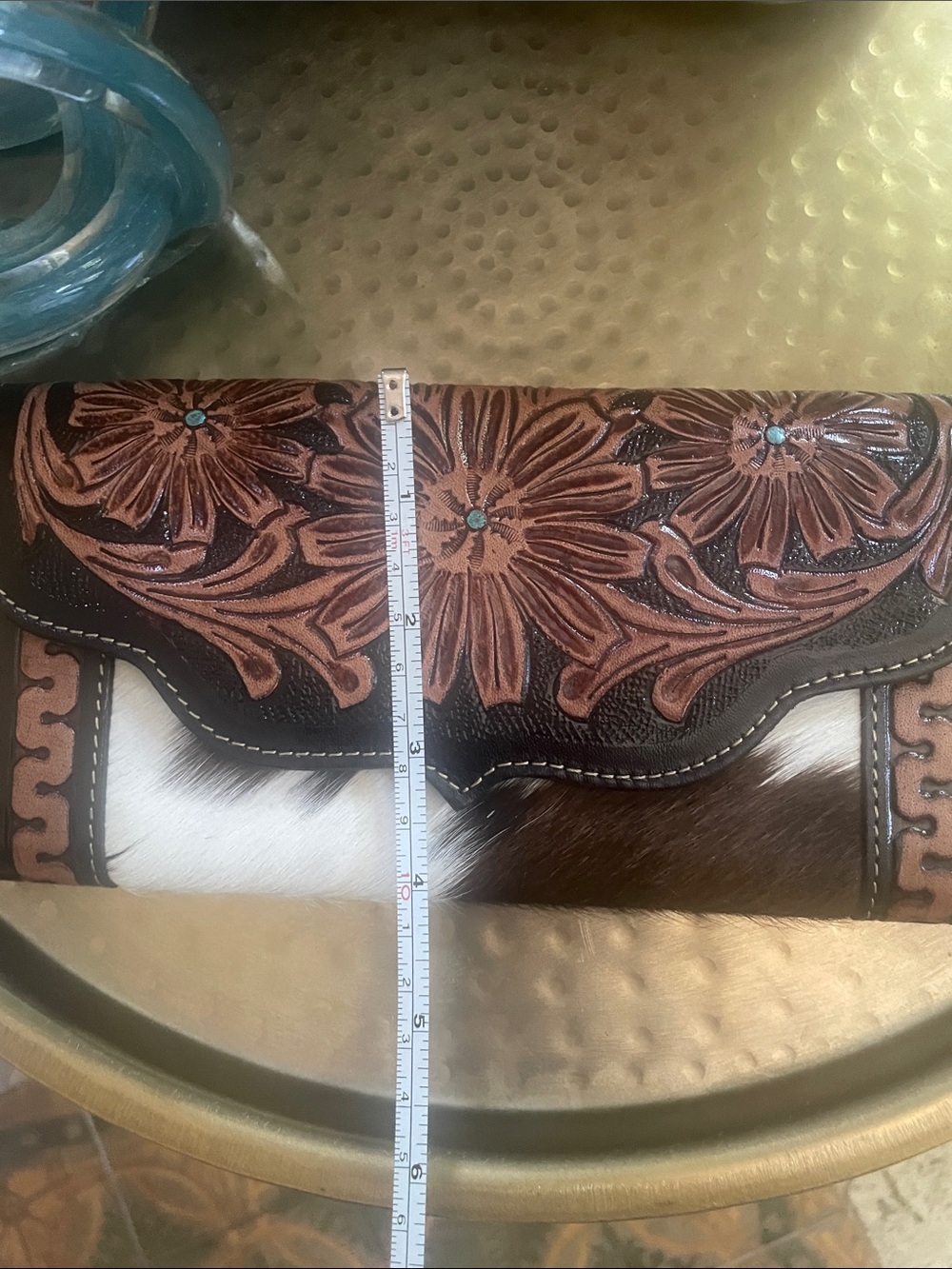 Leather Pony Fur Clutch Wallet Purse Brown Turquoise Accent Beautiful - Picture 15 of 16
